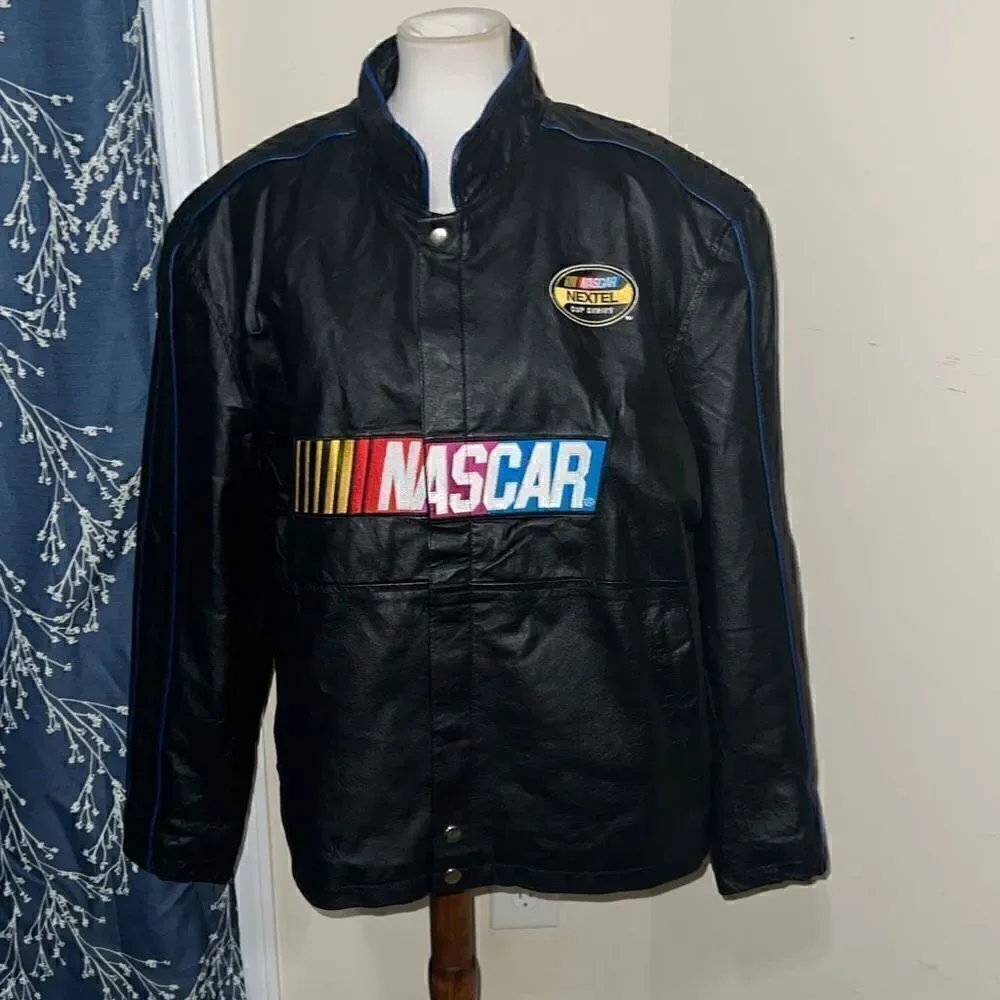 NASCAR Nextel Black Leather Bomber Jacket Coat Vintage RARE Embroidered sz Large